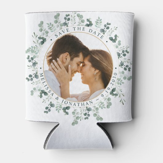 カスタム写真ユーカリ結婚式の日付を保存 缶クーラー (正面)