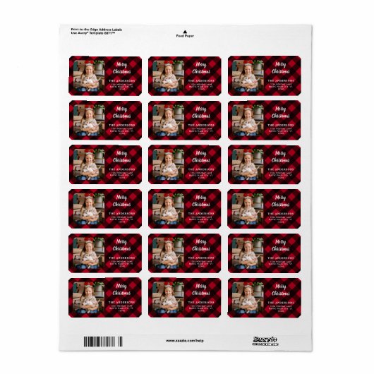 カスタム写真レッドバッファロープレイドメリークリスマス ラベル (フルシート)