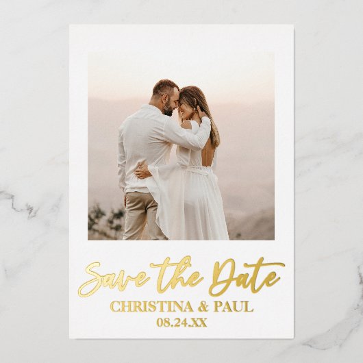 カスタム写真写真結婚式の日付金ゴールドの保存 箔招待状 (正面)