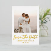 カスタム写真写真結婚式の日付金ゴールドの保存 箔招待状 (立ち正面)