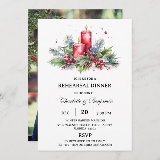 カスタム写真冬のクリスマスのリハーサルディナー 招待状 (正面/裏面)