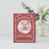 カスタム写真可愛い手描きピンクリボンレッド暖 シーズンポストカード (スタンド正面)