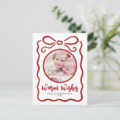 カスタム写真可愛い手描き赤いリボン白 シーズンポストカード (スタンド正面)