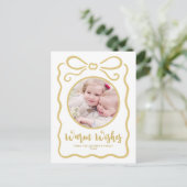 カスタム写真可愛い手描き金ゴールドリボン白 シーズンポストカード (スタンド正面)