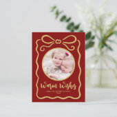 カスタム写真可愛い手描き金ゴールドリボン赤 シーズンポストカード (スタンド正面)