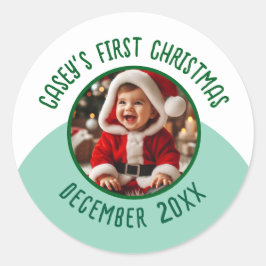 カスタム写真名の追加ベビーの初めてのクリスマス ラウンドシール