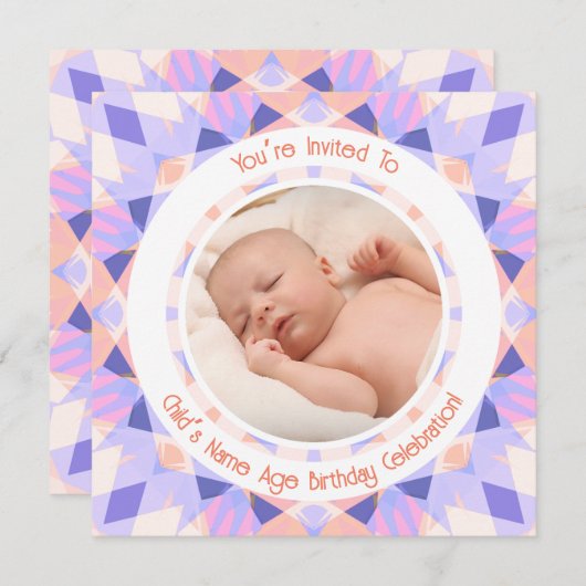 カスタム写真名エージピンクパープル誕生日スター 招待状 (正面/裏面)