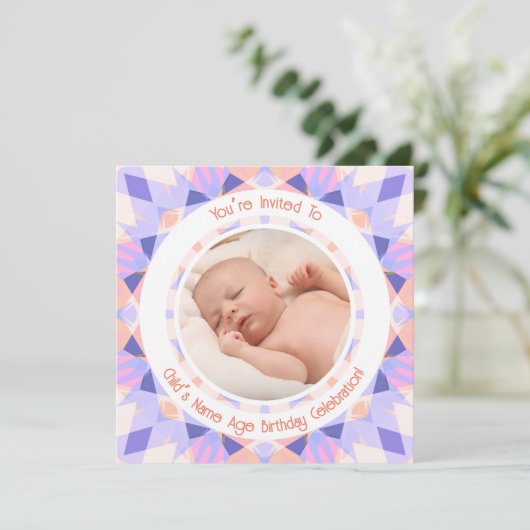 カスタム写真名エージピンクパープル誕生日スター 招待状 (スタンド正面)