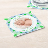 カスタム写真名エージブルーグリーン誕生日スター スクエアペーパーコースター (アングル)