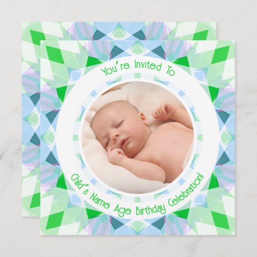 カスタム写真名エージブルーグリーン誕生日スター 招待状 (正面/裏面)