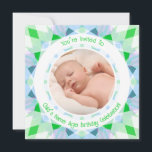 カスタム写真名エージブルーグリーン誕生日スター 招待状<br><div class="desc">写真カスタム名エイジ青緑の幾何学的魔法夏の星ドーパミンデコールバースデーパーティ招待状。A、かわいらしトレンディーアートデザインパーティー招待状。素敵で陽気で幸せなデザイン招待状の家族やお祝いに友達。魔法モダンの夏期の雰囲気を男の赤ちゃんの誕生日に持って来る。マキシ素晴らしマリスト色を愛する親のためのおもしろいアクセサリーの記念品。かわいい予算フレンドリーパーティの招待状子供へ。写真カスタマイズと名前、年齢、挨拶の前、日付、時刻、住所を後ろに変更する。</div>