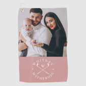 カスタム写真名クラブとボールほこりっぽいバラホワイト ゴルフタオル (正面)