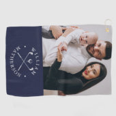 カスタム写真名クラブとボールネイビーブルーホワイト ゴルフタオル (横)