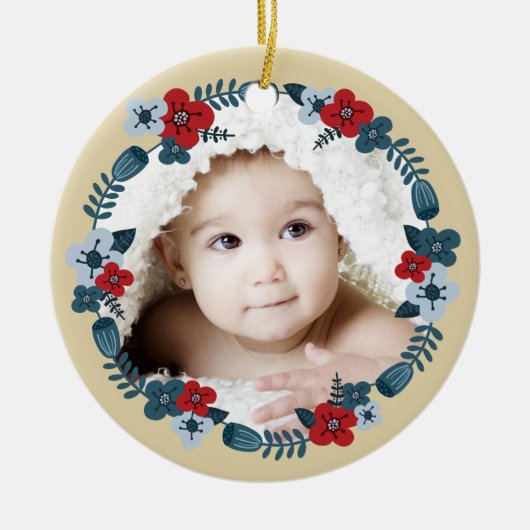 カスタム写真名日付北欧フローラリース セラミックオーナメント (正面)