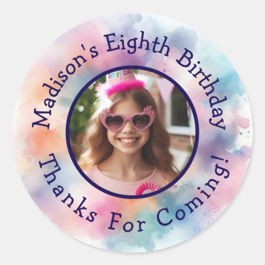カスタム写真名水彩誕生日ありがとう ラウンドシール (正面)