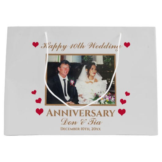 カスタム写真名10周年記念グ結婚レイ ラージペーパーバッグ (正面)