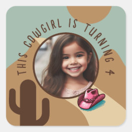 カスタム写真名Any Age女性のカーボーイテーマ誕生日 スクエアシール