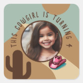 カスタム写真名Any Age女性のカーボーイテーマ誕生日 スクエアシール (正面)