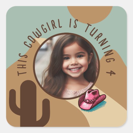 カスタム写真名Any Age女性のカーボーイテーマ誕生日 スクエアシール (正面)