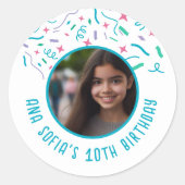 カスタム写真名Any Age紙吹雪誕生日 ラウンドシール (正面)