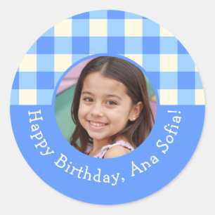 カスタム写真名Plaid Gingham Birthday Party ラウンドシール