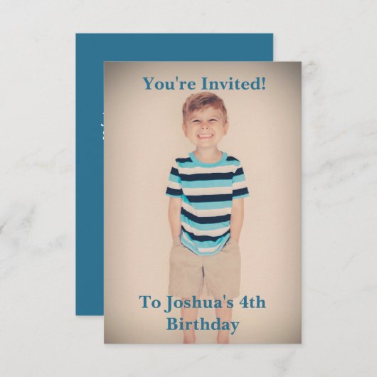 カスタム写真子供の誕生日招待状 青いテキスト 招待状 (正面/裏面)