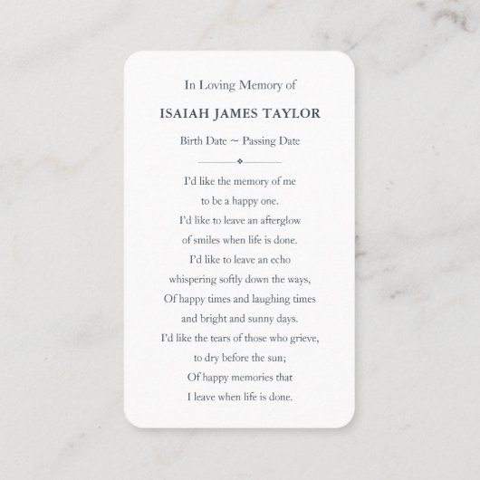 カスタム写真悔やみや弔慰葬儀記念カード 名刺 (裏面)