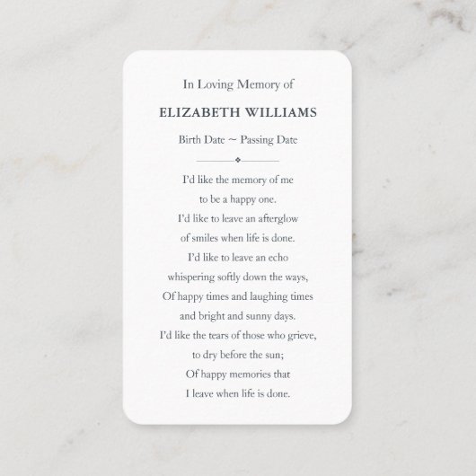 カスタム写真悔やみや弔慰葬儀記念カード 名刺 (裏面)