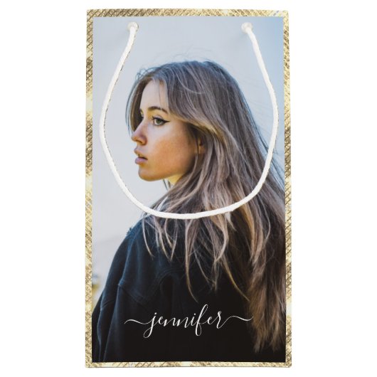 カスタム写真文字金ゴールドユニーク誕生日 スモールペーパーバッグ (裏面)