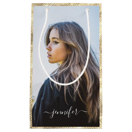 カスタム写真文字金ゴールドユニーク誕生日 スモールペーパーバッグ (正面)