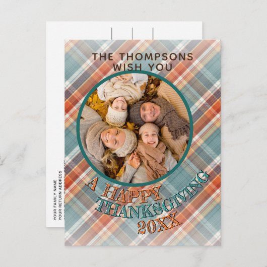カスタム写真明るい感謝祭の格子柄 ポストカード (正面/裏面)