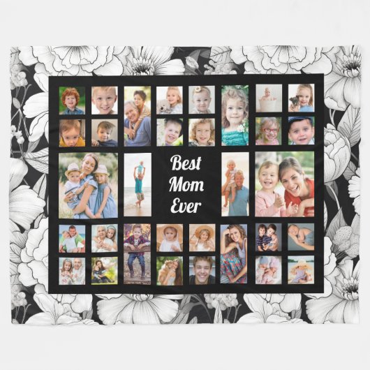 カスタム写真最高のお母さん白黒花 フリースブランケット (正面(横))