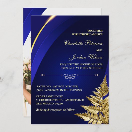 カスタム写真王室のブルーと金ゴールド結婚ズ 招待状 (正面/裏面)