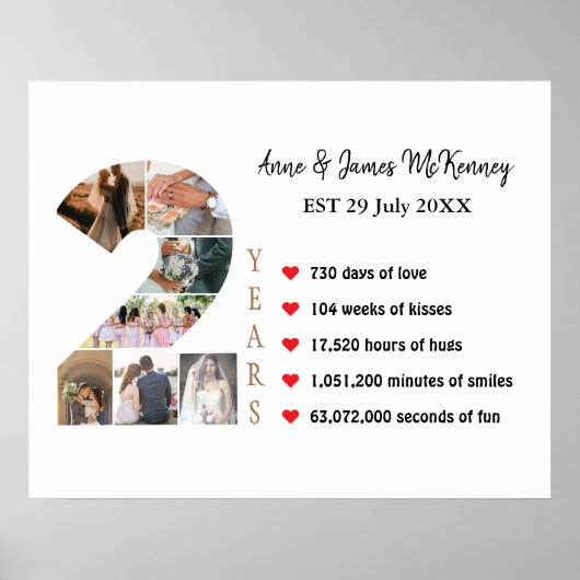 カスタム写真番号枠2年目の記念日 ポスター (正面)