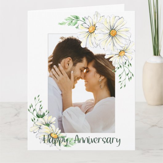 カスタム写真白デイジー記念日 カード (正面)