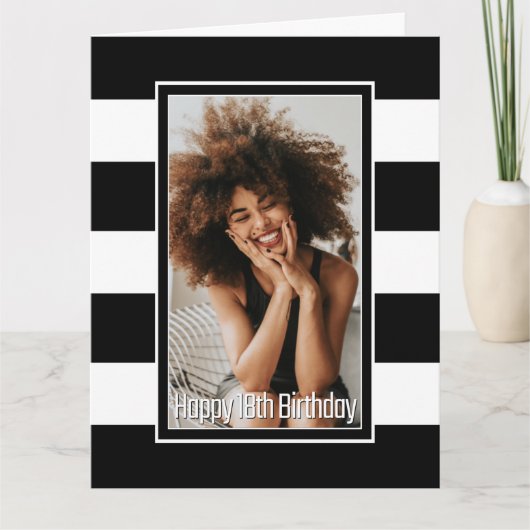カスタム写真白黒ストライプの18誕生日 カード (正面)