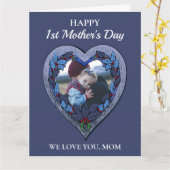 カスタム写真素朴ハートブルー第1日目 カード (黄色い花)