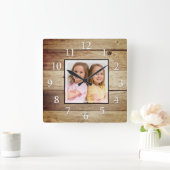 カスタム写真素朴再生ウッドファームハウス スクエア壁時計 (ホーム)