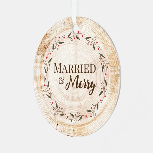 カスタム写真結婚したとメリー第1クリスマスフェイク材 メタルオーナメント (正面左)