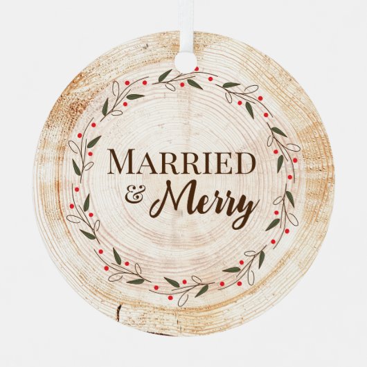 カスタム写真結婚したとメリー第1クリスマスフェイク材 メタルオーナメント (正面)