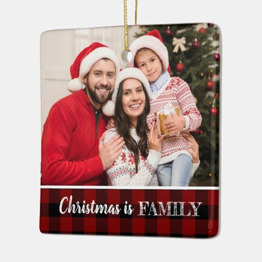 カスタム写真赤素朴水牛のプレイドファミリー写真 セラミックオーナメント (左)
