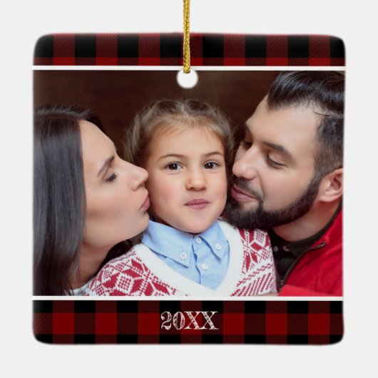 カスタム写真赤素朴水牛のプレイドファミリー写真 セラミックオーナメント (裏面)