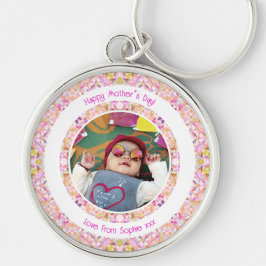 カスタム写真鮮やかピンクハッピーグリーン母の日 キーホルダー