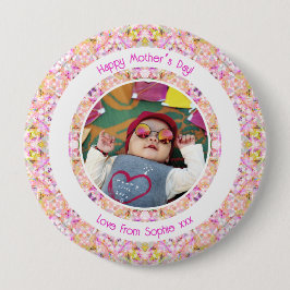 カスタム写真鮮やかピンクハッピーグリーン母の日 缶バッジ