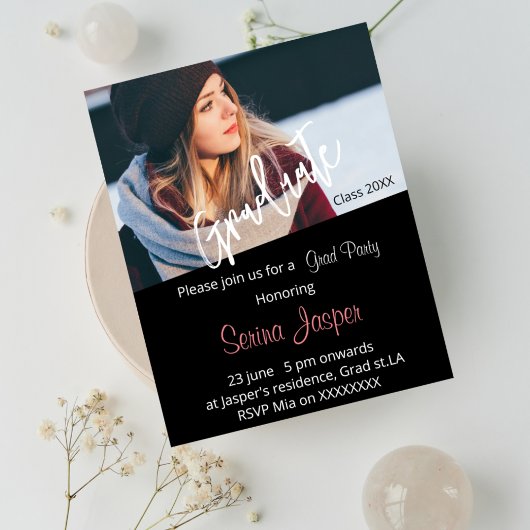 カスタム写真黒卒業パーティー招待状 招待状