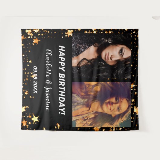 カスタム写真黒金ゴールド星友だち誕生日 タペストリー (正面(横))