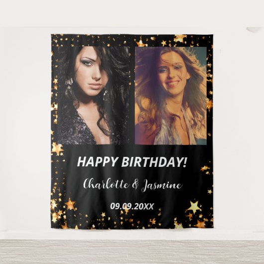 カスタム写真黒金ゴールド星友だち誕生日 タペストリー (正面)