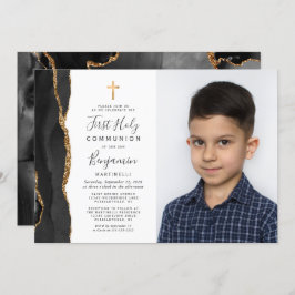カスタム写真黒Agate金ゴールド第一聖餐式 招待状