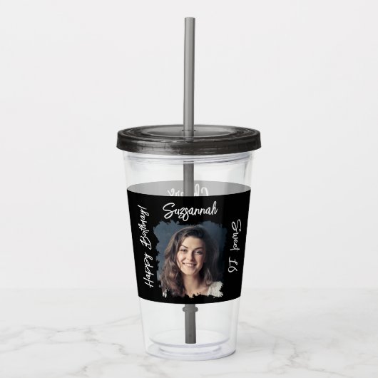 カスタム写真16ハッピーバースデーパーソナライズされた アクリルタンブラー (正面)