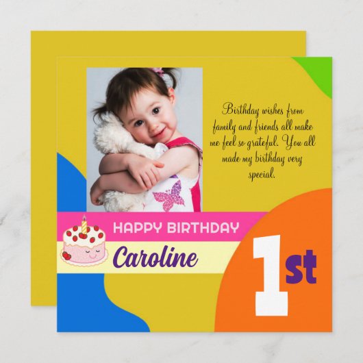 カスタム写真1st誕生日フラットサンキューカード(3) サンキューカード (正面/裏面)
